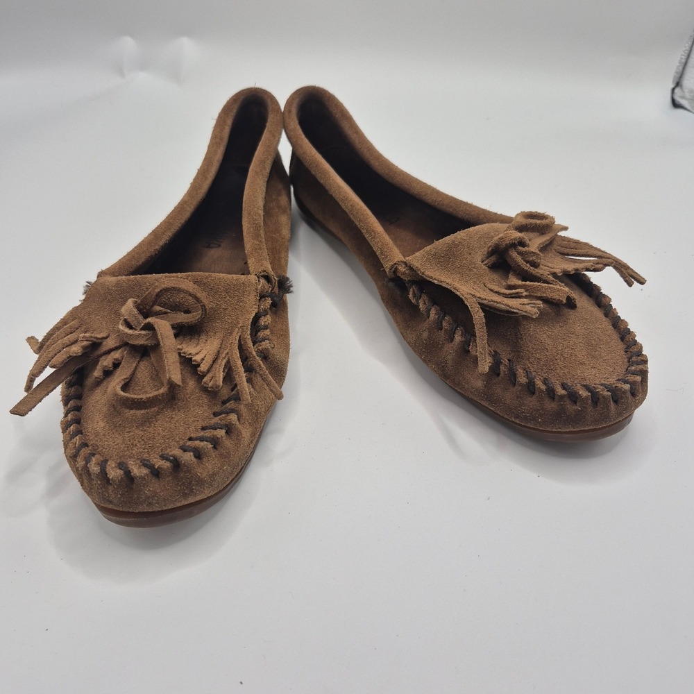 Minnetonka Kilty Suede Moccasins Brown Fringe Slip On Flats Womens 6.5 403